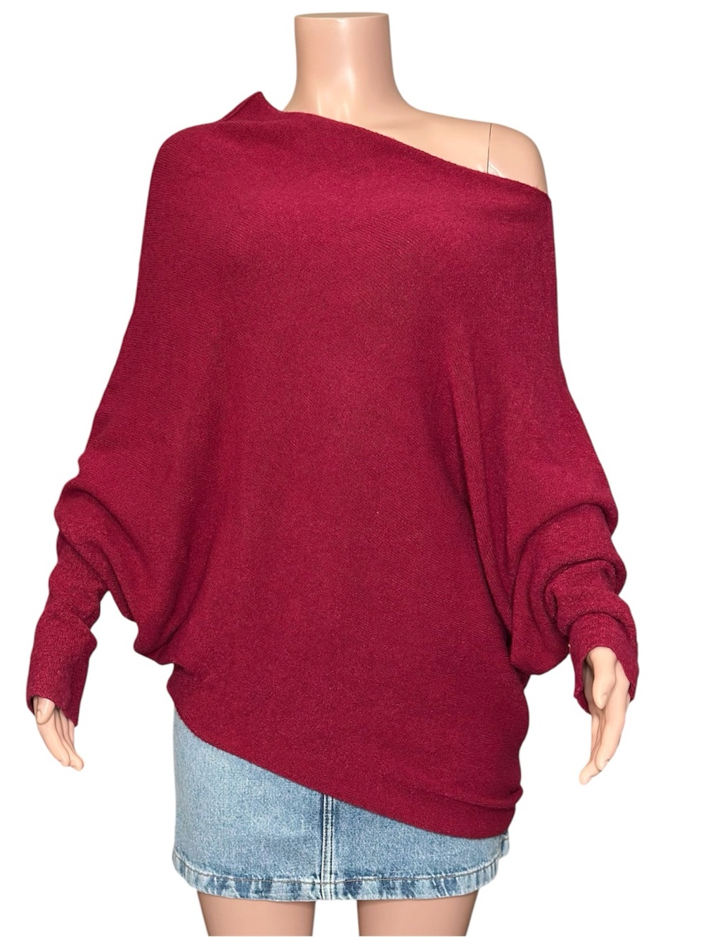 JAKI LONDON Asymmetric Draped Knit Sweater, Carmine, L/XL - Picture 2 of 6